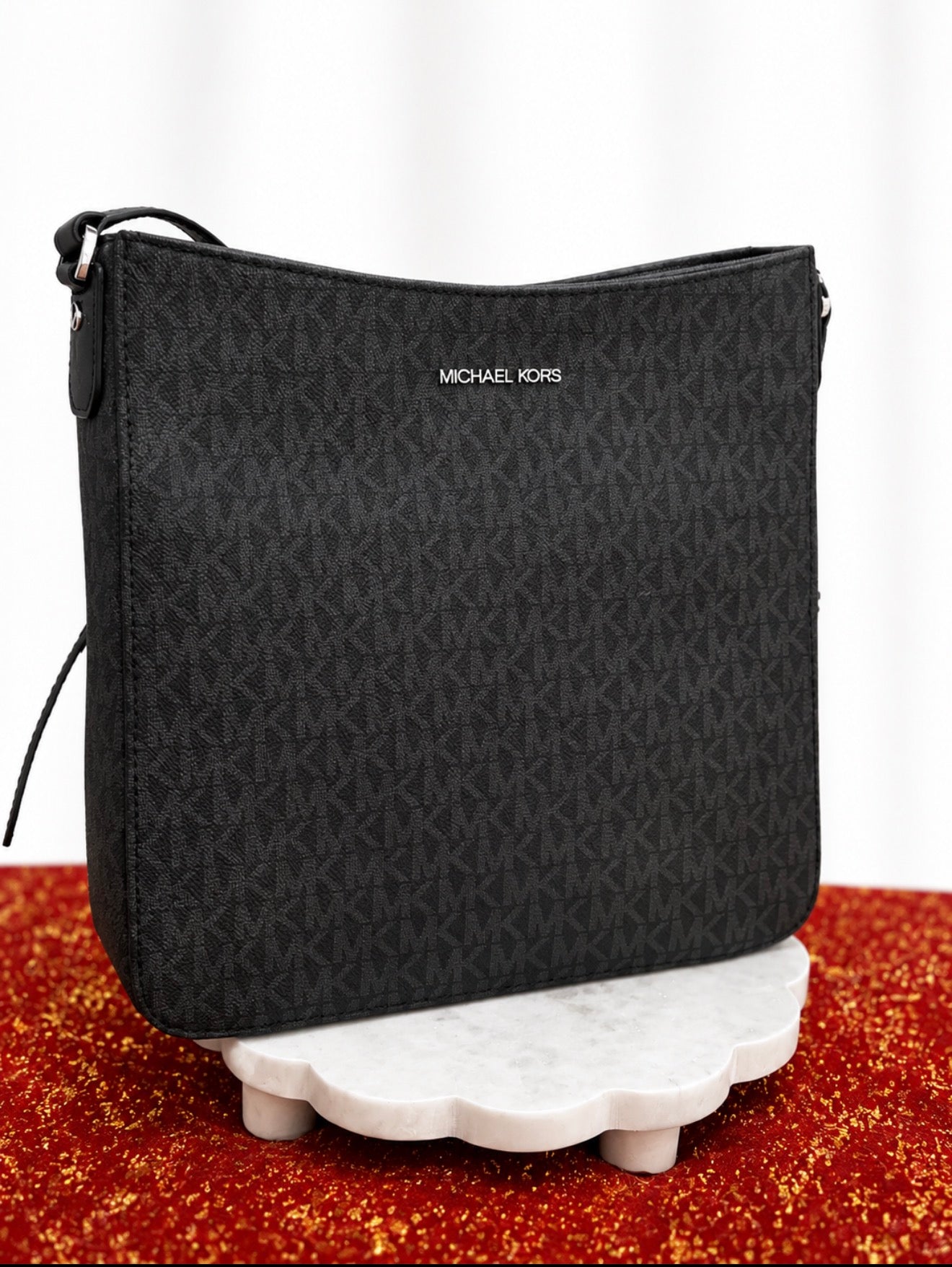 Michael Kors Monogram Crossbody Bag – Black/Silver