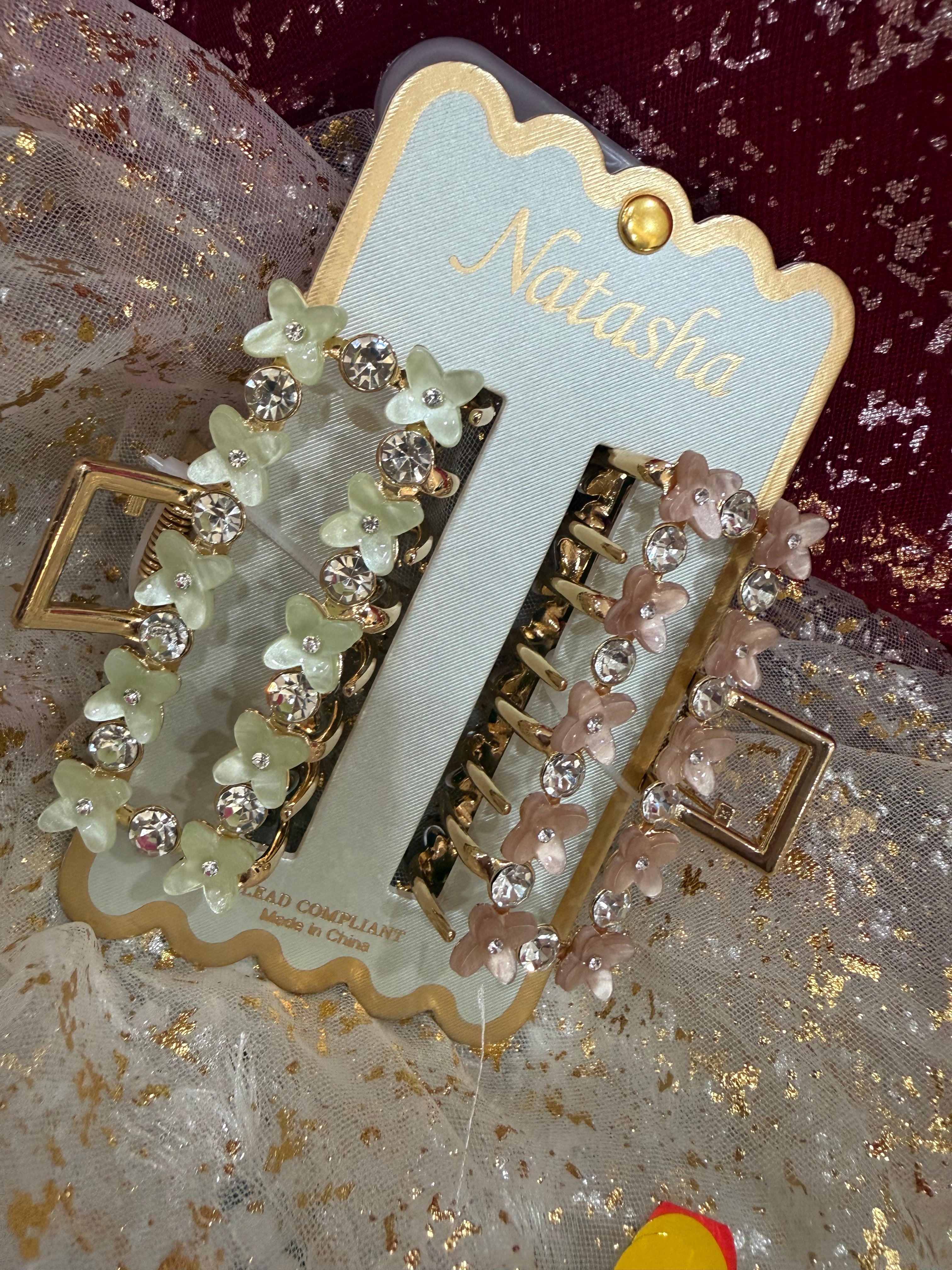 Acrylic and metal hair claw clips set with pearl and rhinestone
